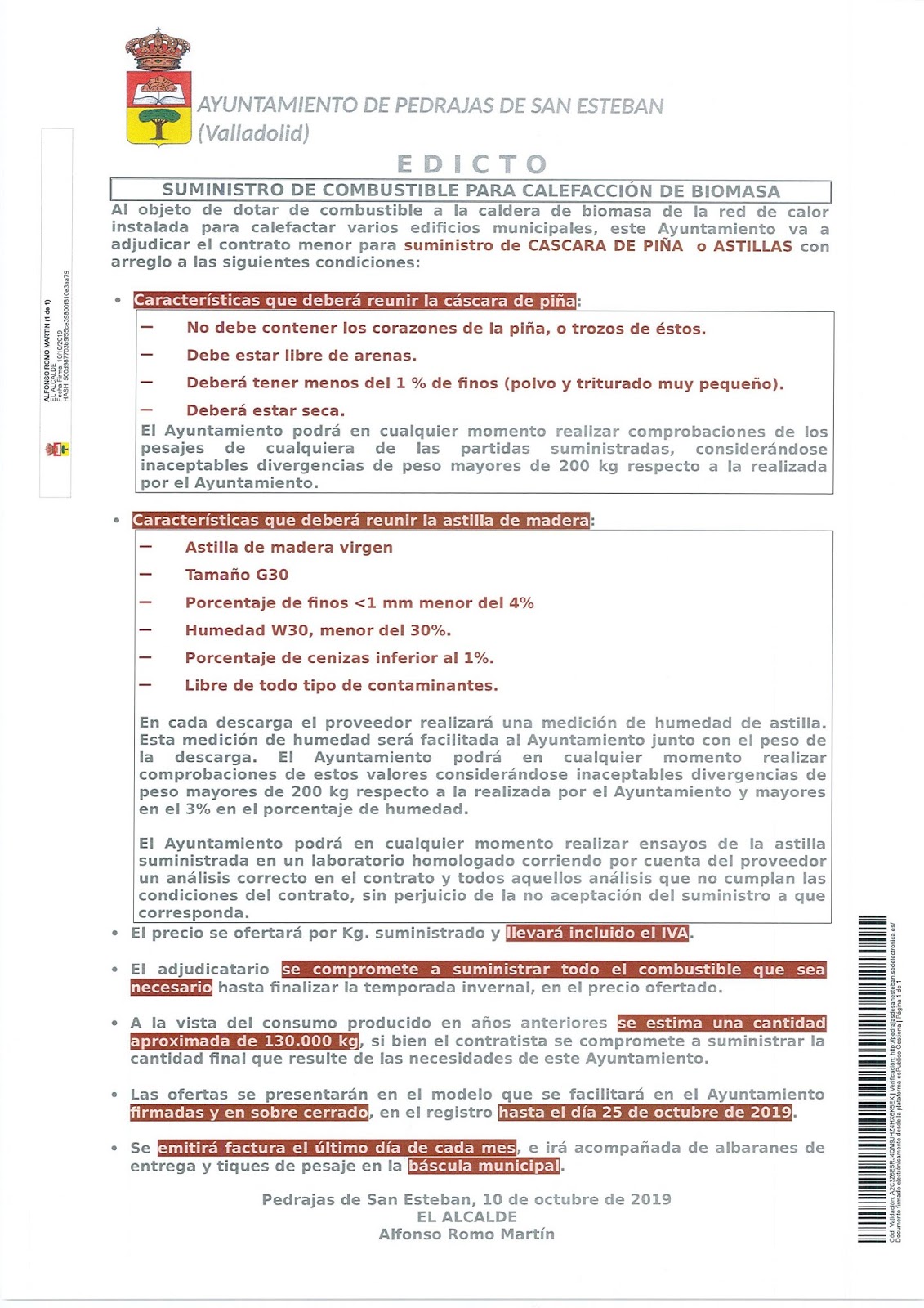 EDICTO - SUMINISTRO DE COMBUSTIBLE PARA CALEFACCIÓN DE BIOMASA - Tablón de  Edictos - Ayuntamiento de Pedrajas de San Esteban